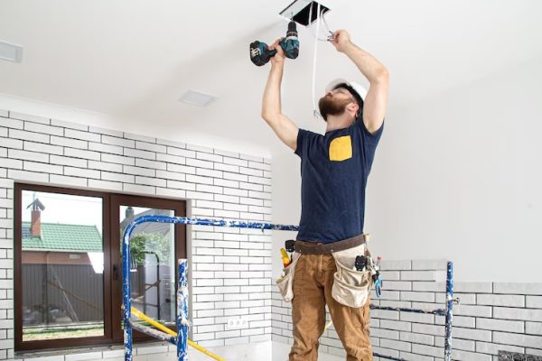 electrician-builder-work-installation-lamps-height-professional-overalls-with-drill-repair-site_169016-8625